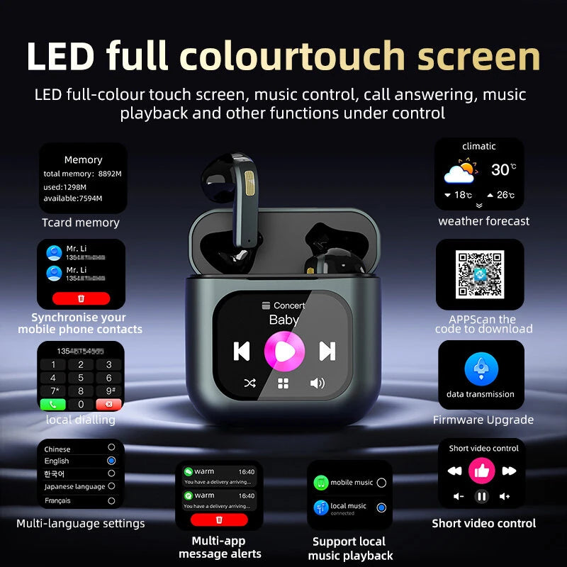 LED Touchscreen Wireless Earbuds - Black